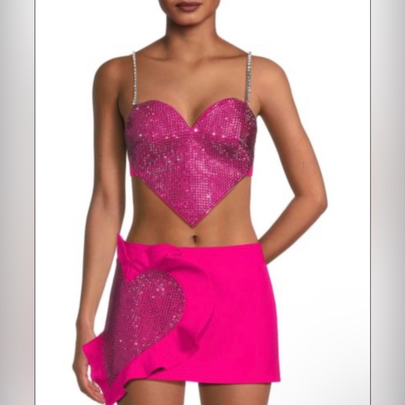 AREA Embellished Stretch Wool Heart Crop Top Fuchisia - Picture 2 of 9